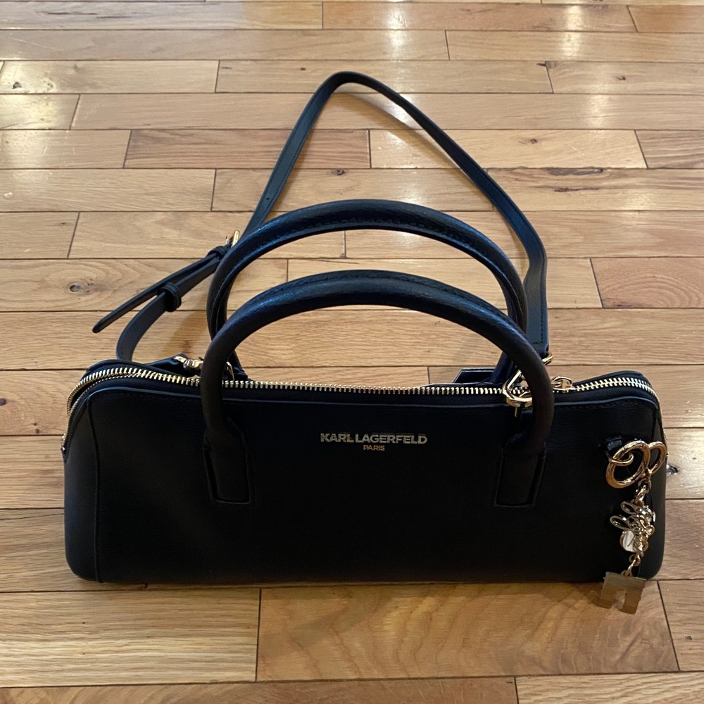 KARL LAGERFELD PARIS Black Leather Satchel W/Gold-Tone Hardware & Bag Charm